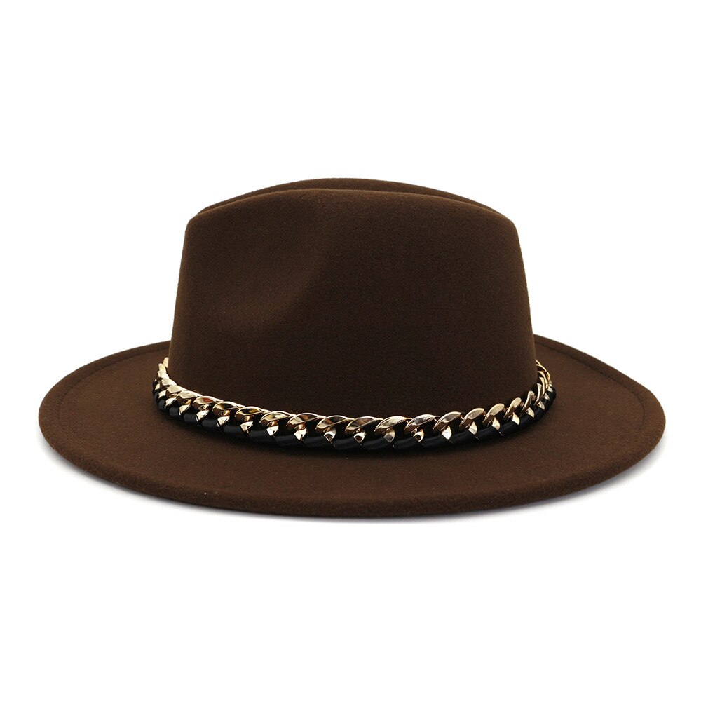 Europæisk amerikansk imiteret uldne bowlerhatte til kvinder mænd vinter efterår vintage bredskygget top jazzhat fedora kasketter med kæde