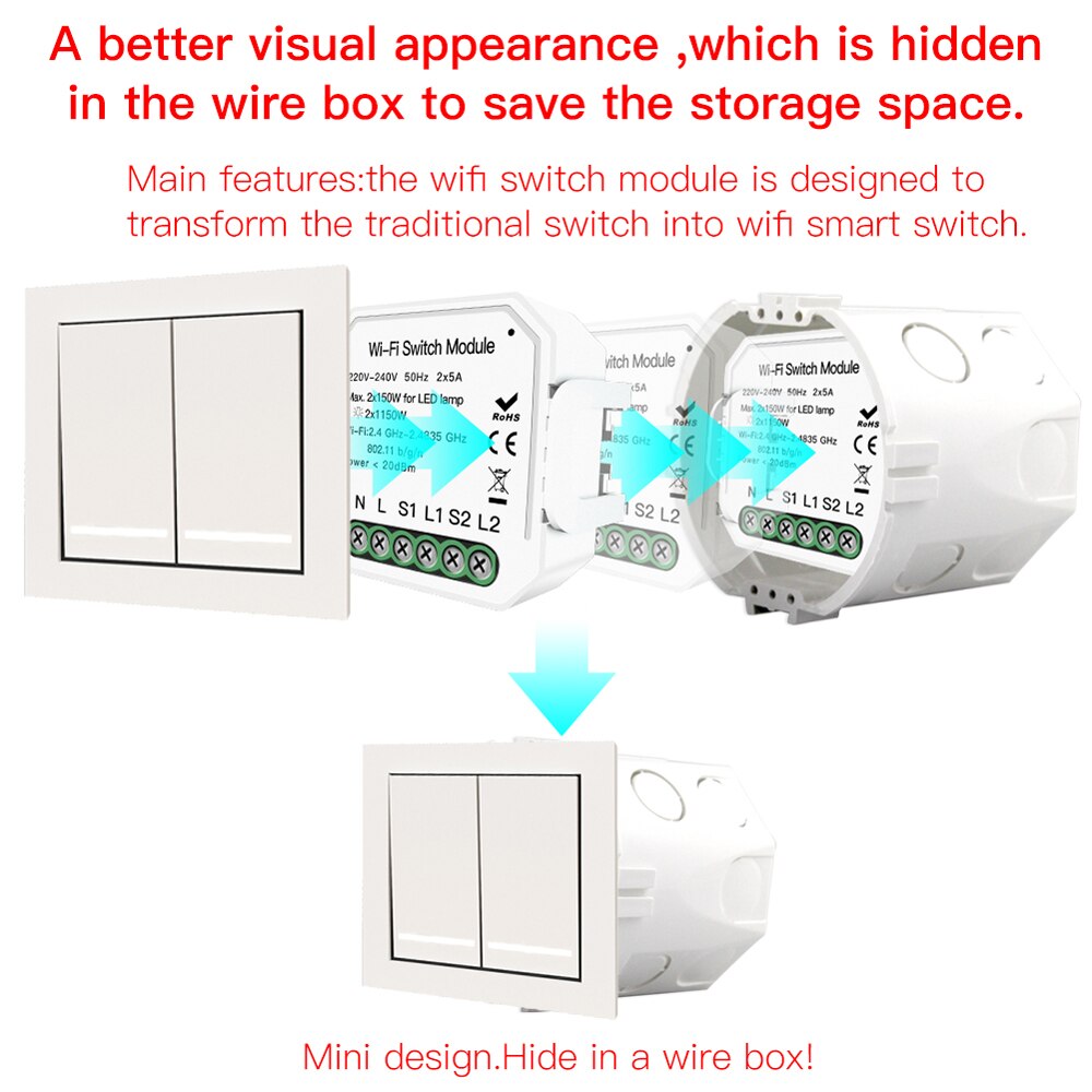 KKMOON 220-240V WIFI Intelligente Licht Schalter DIY Unterbrecher Modul APP Fernbedienung 2 Gang 2 Weg 2 * 5A