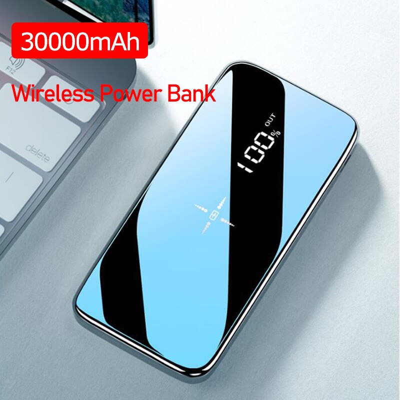 Banco de potência sem fio 30000mah externo portátil powerbank espelho tela cheia carregamento rápido multi porta à prova dwaterproof água para todo o telefone