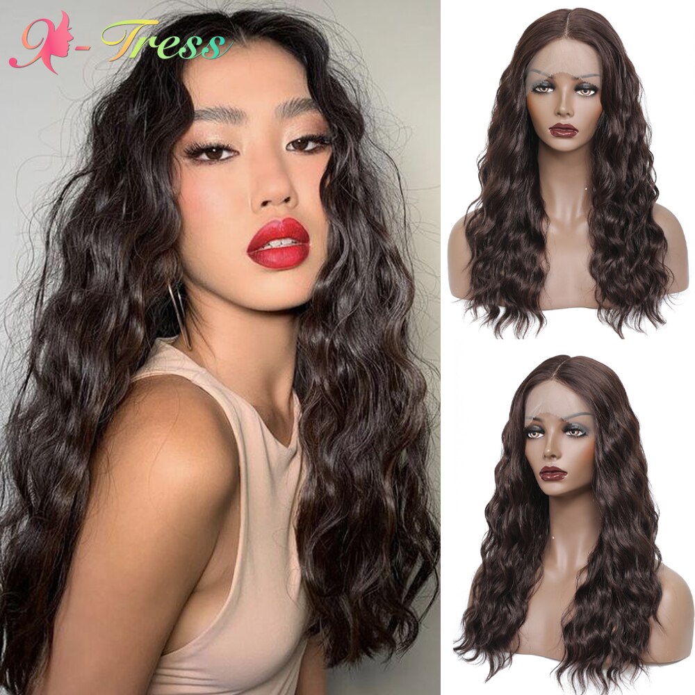 X-TRESS-pelucas sintéticas con malla frontal para mujeres negras, pelo largo de 20 pulgadas, marrón claro, onda Natural, parte media, peinados suaves