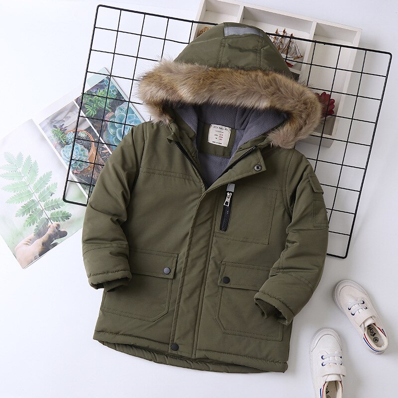 Menino parkas casaco de inverno para o bebê menina zíper com capuz estilo europeu crianças menino parkas: Verde exército / 130