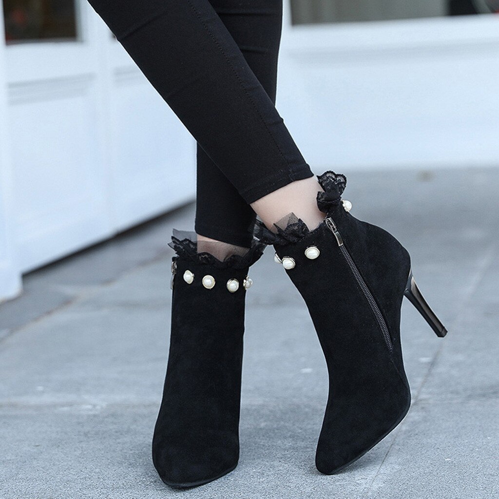 Botas elegantes de encaje para Mujer, Botines de tacón de lujo, aterciopelados, cortas, de , con perlas y punta estrecha, color negro,