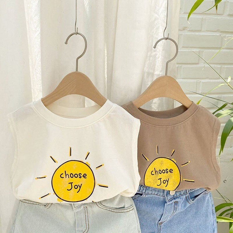 2022 Kid Aankomst T-shirt Peuter Jongens Cartoon Zon Brief Print Mouwloze Tops Baby Meisje Mode Schattige Eenvoudige Katoenen Vest