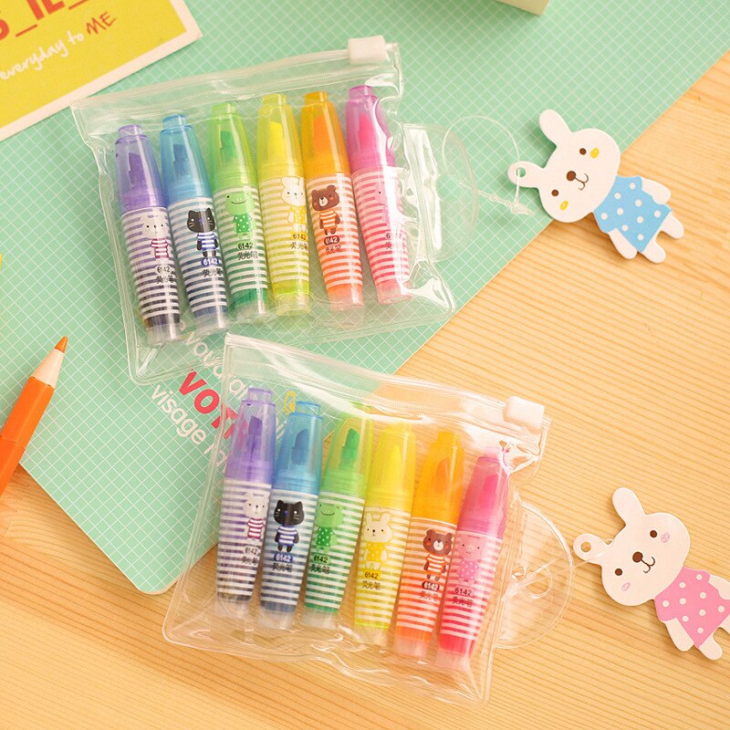 6 Stks/set Leuke Dieren Kawaii Mini Highlighter Markers Fluorescerende Pen Briefpapier Schoolbenodigdheden Student
