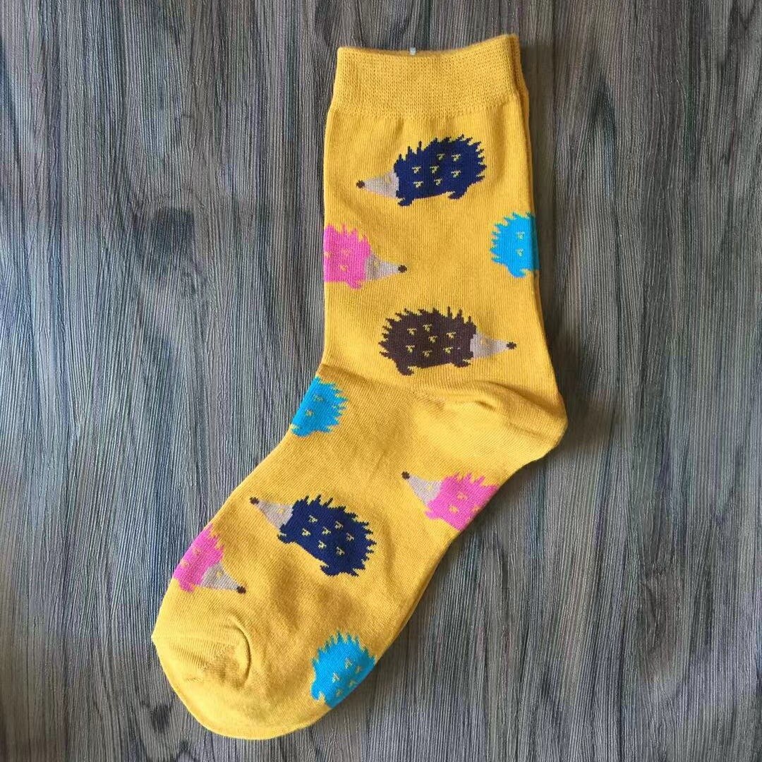 Cartoon Hedgehog Pattern Woman Socks Cotton for Spring Summer Harajuku Style Funny Socks Women 41102: Yellow