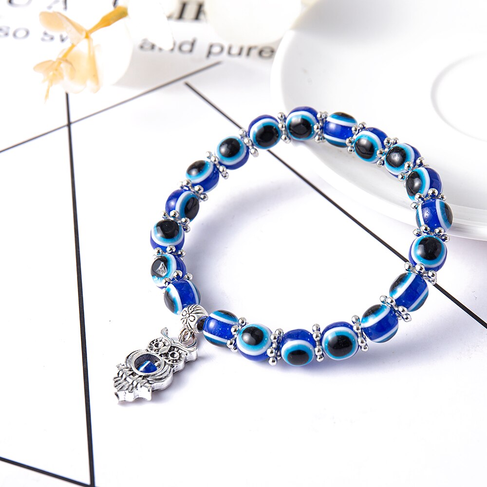 Turkish Lucky Evil Eye Bracelets Blue Evil Eye Bead Bracelet Men Women Handmade Lucky Jewelry Charm Bracelet Female: owl