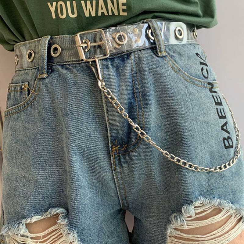 Punk Lady Transparent PVC Belt With Chain Single Row Hole Square Buckle Waist Strap decorative wild casual Waistband