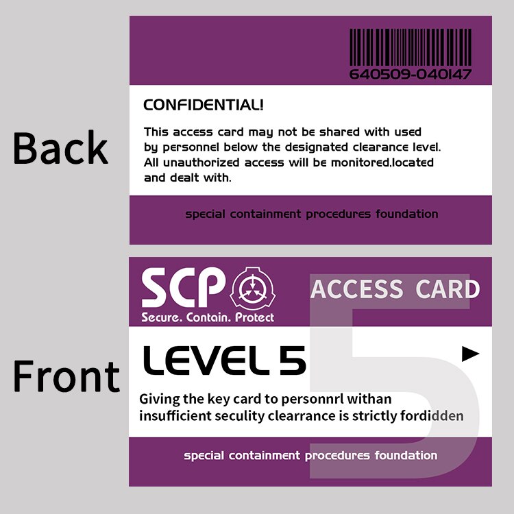 SCP Special Containment Procedures Foundation Secret Grade Access Card Mobile Task Forces Level Card Double Hard PVC Card: 5a