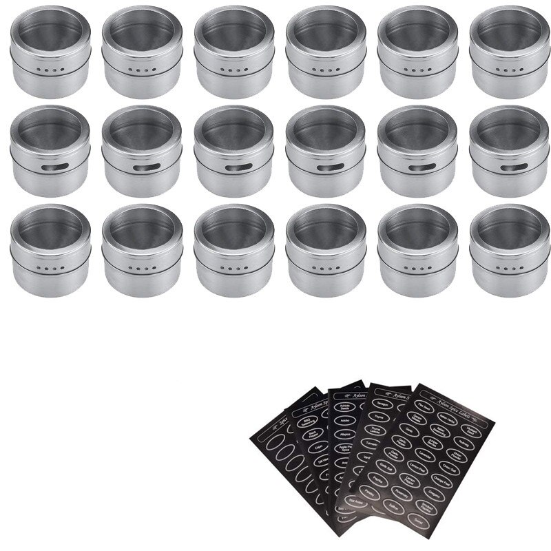 Magnetic Stainless Steel Spice Jars Tins Set with Clear Lid Labels Sticker Seasoning Pepper Spice Storage Container Jars: 18 pcs