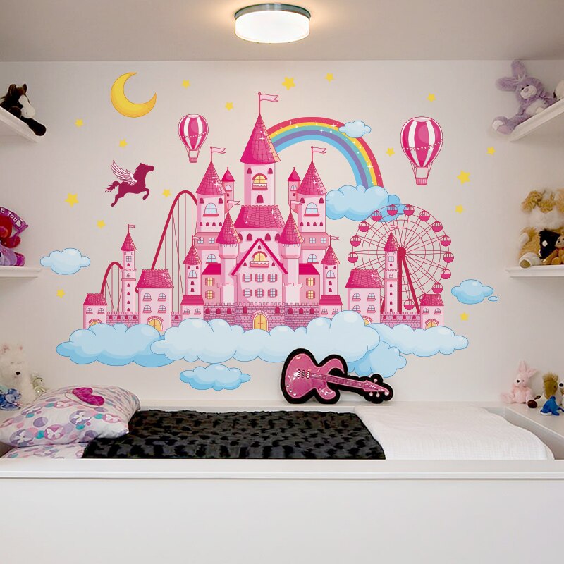 [shijuehezi] cartoon kasteel muurstickers diy wolken maan sterren muurstickers voor kinderkamer babykamer huisdecoratie