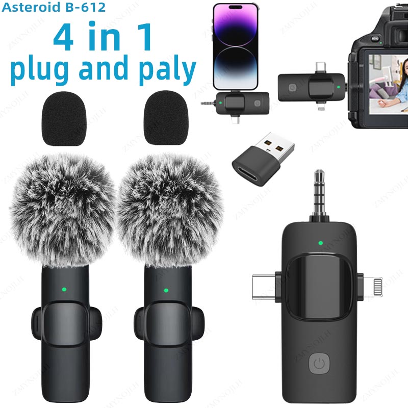 4 In 1 Wireless Lavalier Microphone for iPhone Android 3.5mm for radio Live Recording Noise Reduction Mini Microph