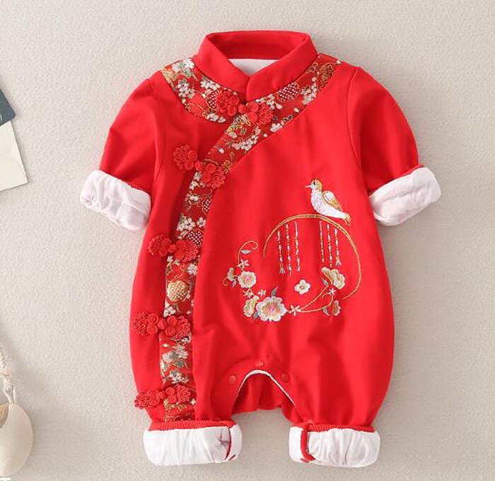 Chinese stijl meisjes jumpsuit katoenen klimkleding dikke kleding: Rood / 3m