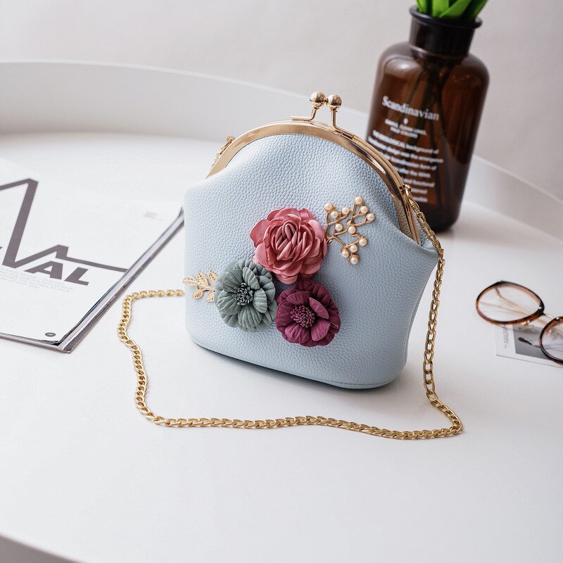 Beibaobao summer women bags panelled three-dimensional flower shell bag pearl chain shoulder bag: blue women bag