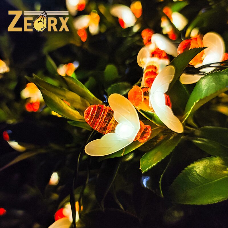 Solar Honeybee String Lights Outdoor Waterproof Cute Bee Shape Fairy String Light Decor for Garden Patio Xmas Decorations