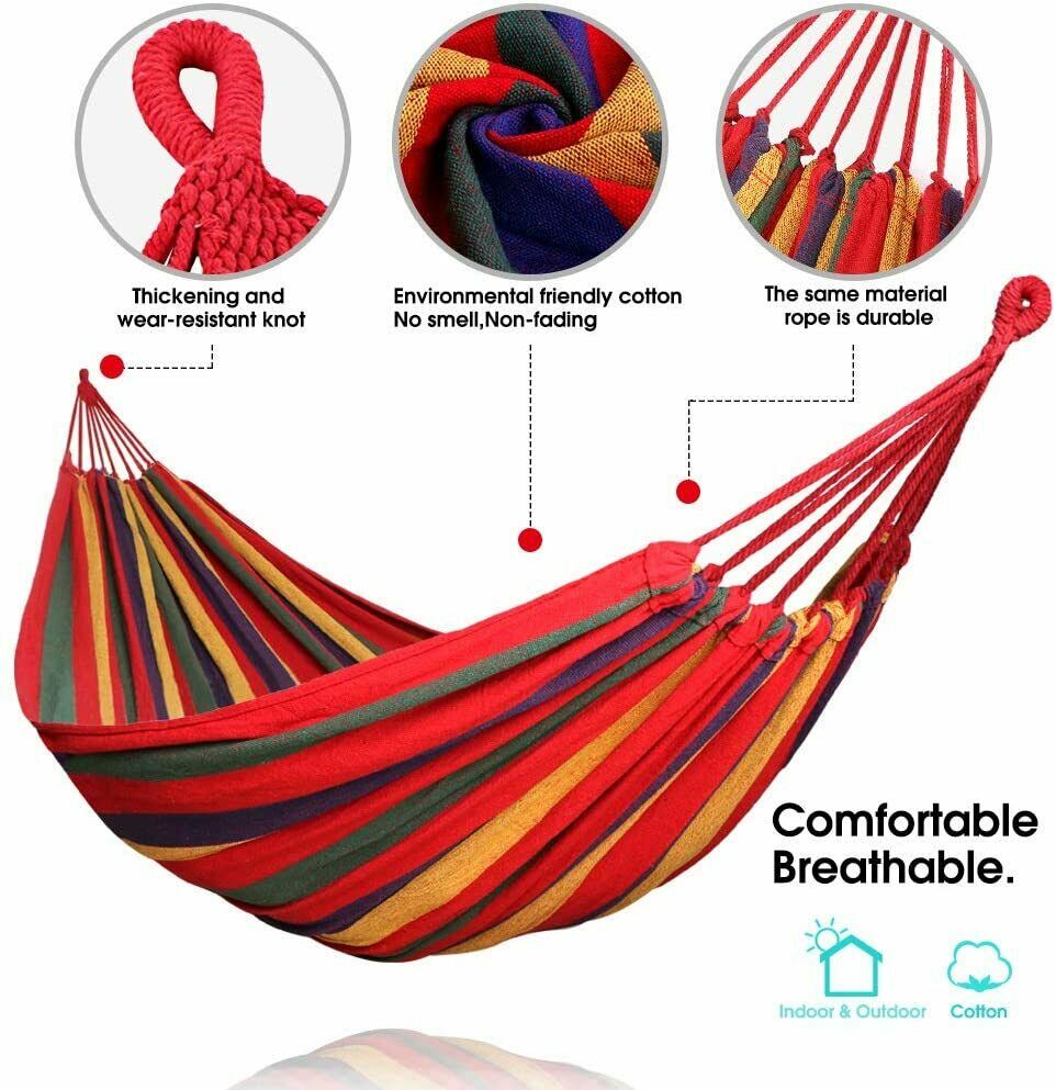 Hamaca para 2 personas al aire libre, hamaca portátil para jardín, lona a rayas, cama colgante, cama para acampar, columpio colgante, equipo para dormir al aire libre