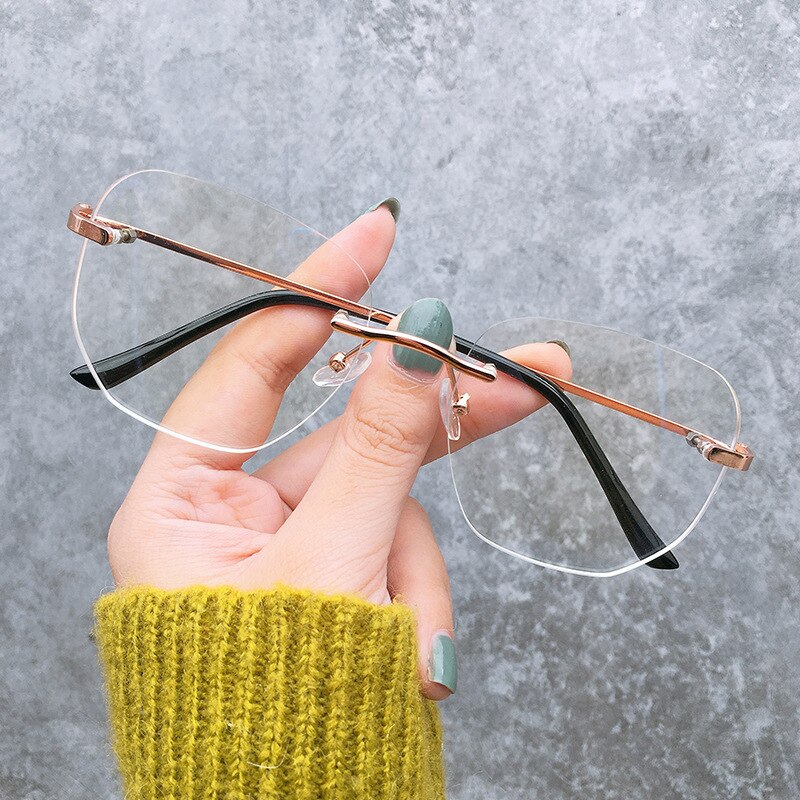 Transparent Computer Glasses Frameless Women Men Anti Blue Light square Eyewear Blocking Glasses Optical Spectacle Eyeglass: Rose golden