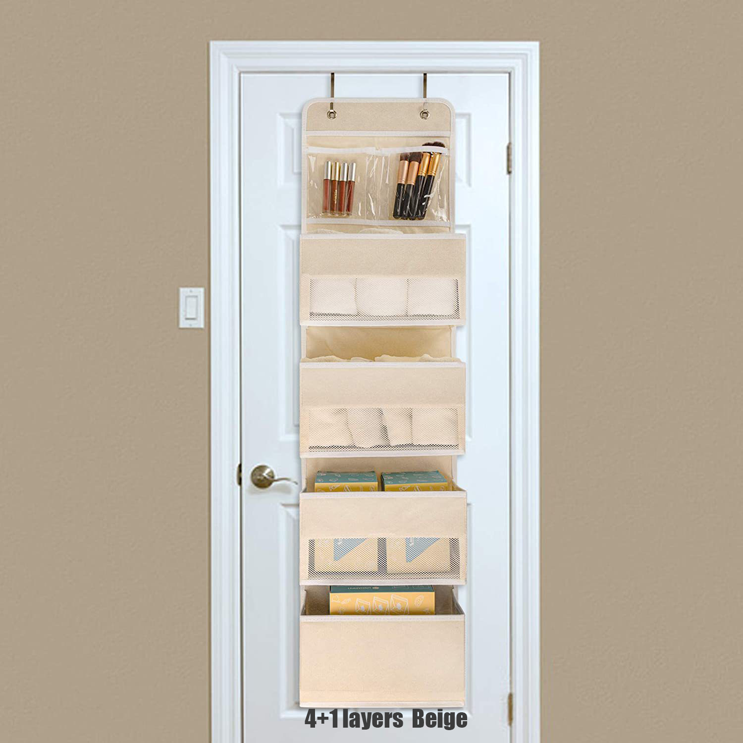 Organizador colgante sobre la puerta, 1/3/4/5 bolsillos grandes sobre la puerta, montaje en pared, ganchos de almacenamiento, ropa para baño y dormitorio: Naranja