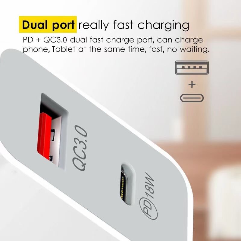 QC3.0 Pd 18W Dual-Port Fast Charger Type-C Opladen Hoofd Voor Apple Android Toegepast Snelle Lading protocollen Intelligente Lading Gan