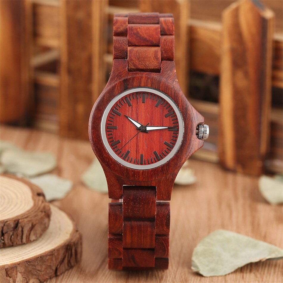 Vintage Rode Hout Vrouwelijke Horloges Quartz Natuurlijke Houten Quartz Bangle Horloge Minimalistische Vrouwen Horloge Vouwsluiting Uurwerk