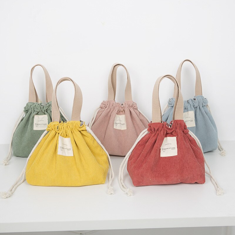 Lancheira portátil de veludo com cordão, bolsa japonesa para lancheira, cor sólida, de lona, feminina, pequena bolsa tote, sacola de comida e piquenique