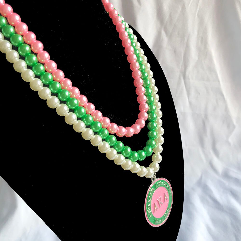 Custom Handgemaakte Trendy Griekse Sorority Roze Groen Witte Parel Hanger Choker &amp; Armband Set Multi Layer Kralen Sieraden: 1pc Necklace