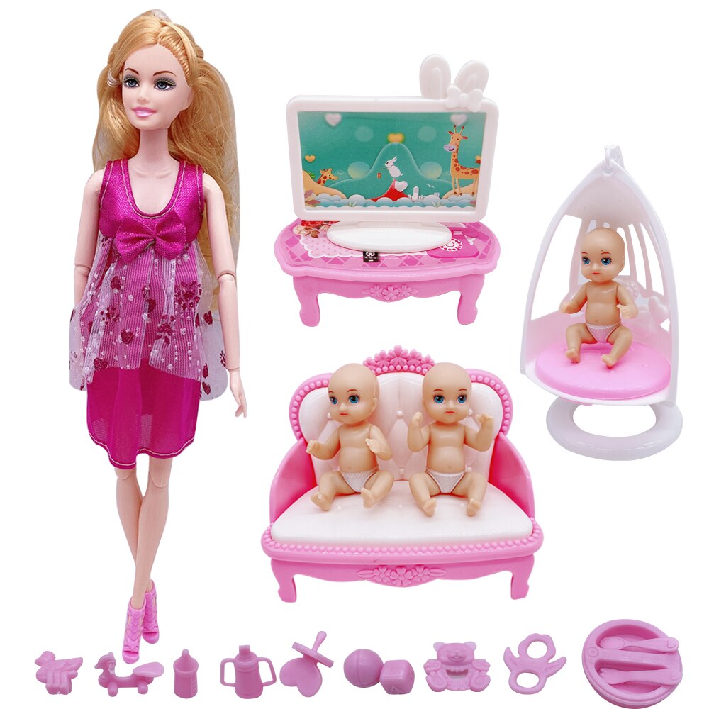 11.5 "/ 5" 2020 mais recente moda grávida barbies boneca mãe-criança combinação banheira + dupla cadeira de jantar crianças brinquedo plástico: Rosa
