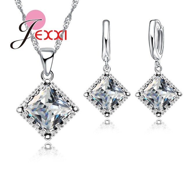 Top Sparkly Vierkante Zirconia Sieraden Set 925 Sterling Zilveren Ketting & Earring Sets Voor Vrouwen Huwelijkscadeau: white