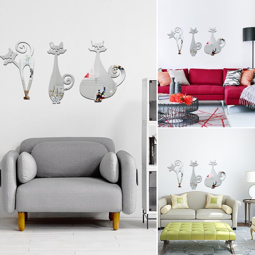 Diy 3d schattige katten muurstickers van acrylspiegels voor thuis, decoratieve kattenspiegel voor op de muur van de kamer