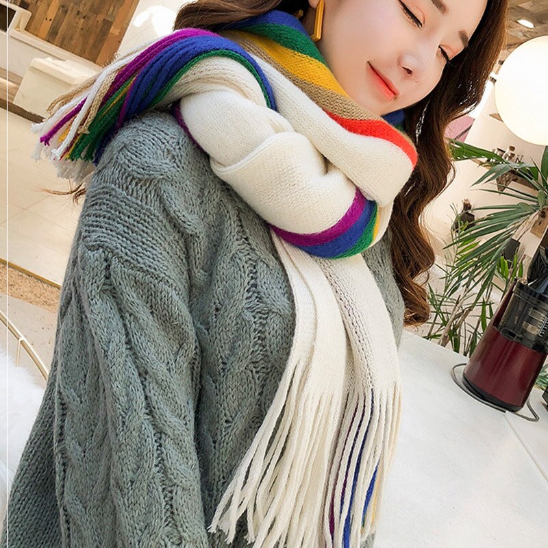 Warme regenboog dames meisjes sjaals omslagdoeken kwastjes lange gebreide sjaal multifunctionele sjaal lxh