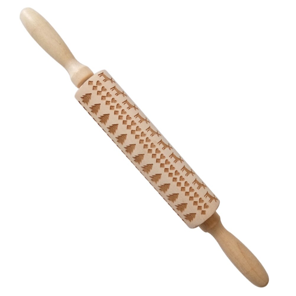 Wood Embossing Pizza Roll Pin Fondant Dough Deer Pattern Engraved Roller Stick Baking Pastry Tool Baking Christmas Accessories: E