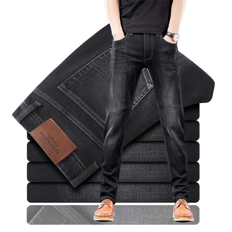Herfst klassieke stijl zwarte stretch jeans heren business casual katoenen slim-fit denim broek heren merk broeken