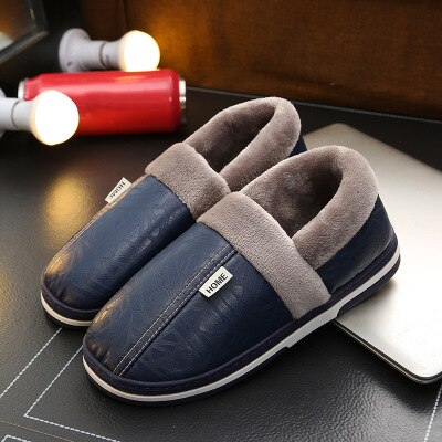 Män vintertofflor manliga inomhus bomullsflip flops skor dam pu läder vattentät varm hem toffel stor storlek: Blå / 44-45
