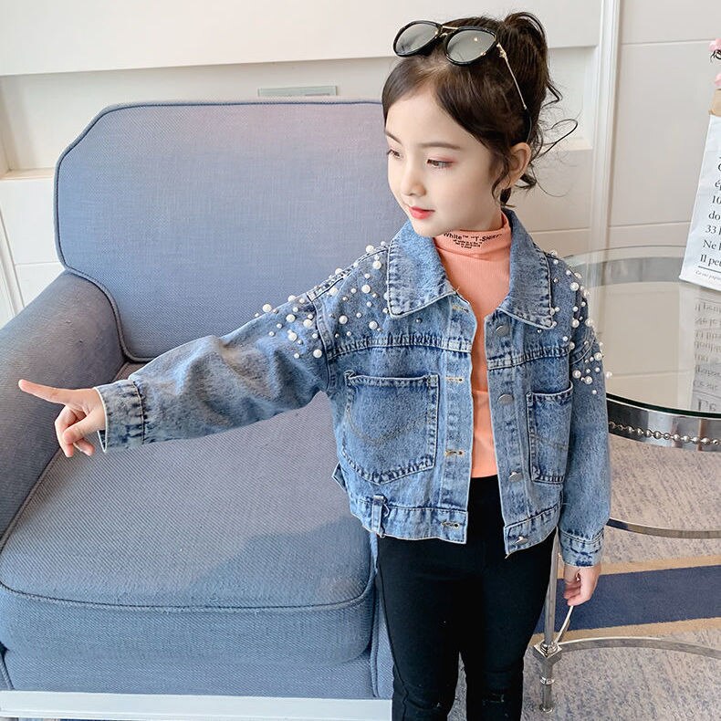 Chaqueta vaquera con perlas para niñas y Abrigos de , ropa de otoño, prendas de vestir exteriores, Chaquetas vaqueras