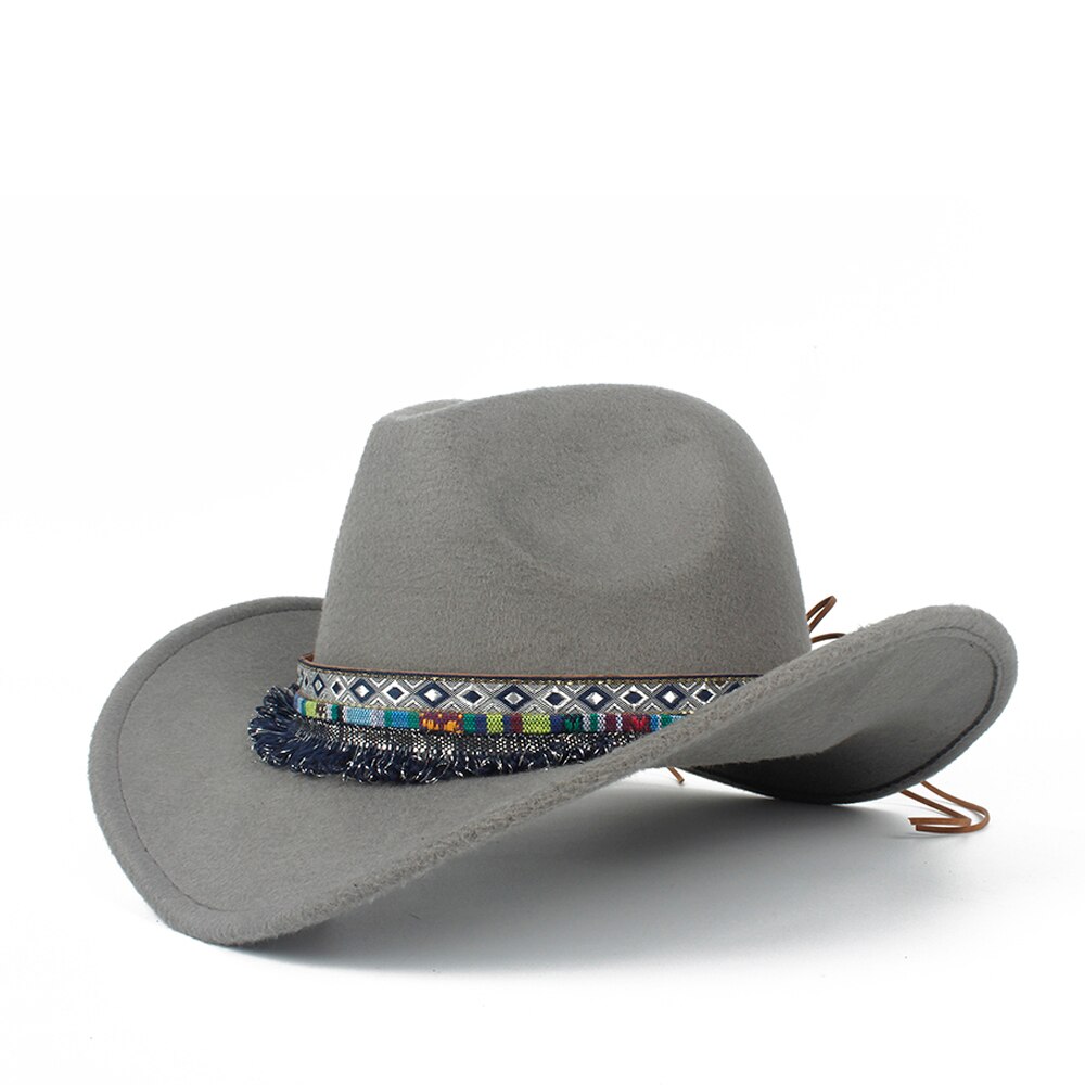 Kvinder uld hul western cowboyhat roll-up skygge dame outblack sombrero hombre jazz kasket størrelse 56-58: Grå