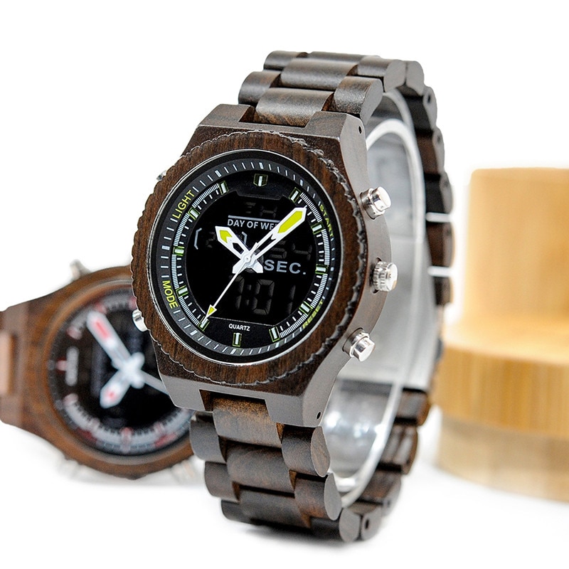 Bobo Vogel Dual Display Mannelijke Horloge Heren Horloges Heren Led Houten Digitale Horloge Voor Man Handgemaakte Quartz Horloges