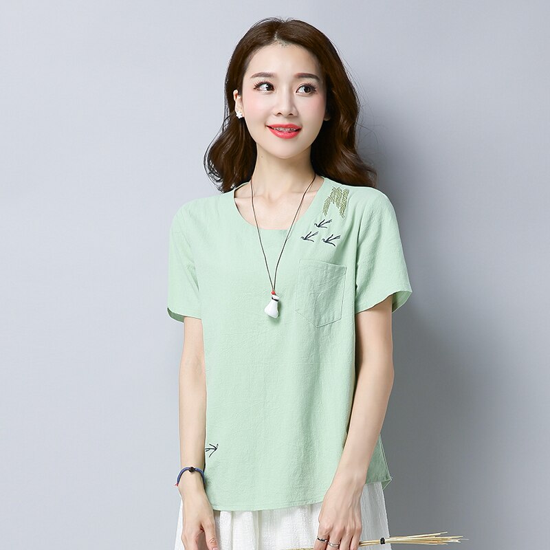 Zomer Zoete Losse Katoenen Linnen Vrouwen Shirt Blouse Korte Mouw Vrouwen Tops Blusas Borduren Vrouwen Kleding D834 30: Groen / M