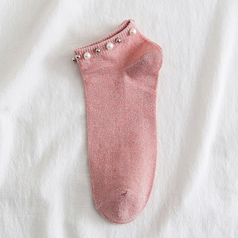 Harajuku enkelsokken zilveren zijden parel damessokken zomer herfst dames katoenen korte sokken: Roze