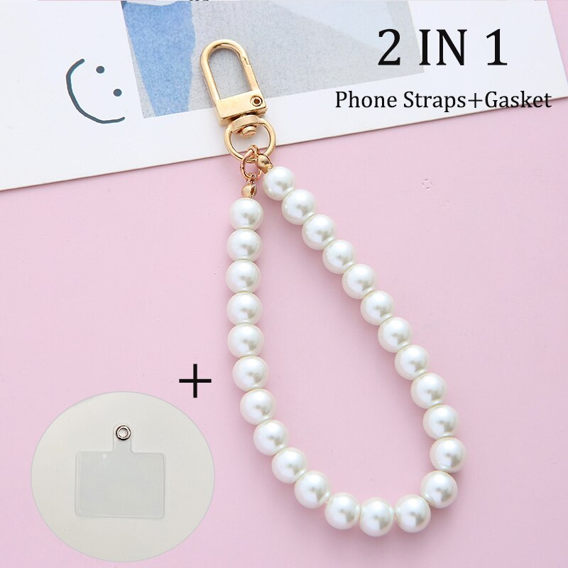 Phone Lanyard Detachable Cord Pearl Lanyard Strap For Mobile Phone Accessories With Sticker Universal Cell Phone Bracelet Strap: Pearl Gold Buckle