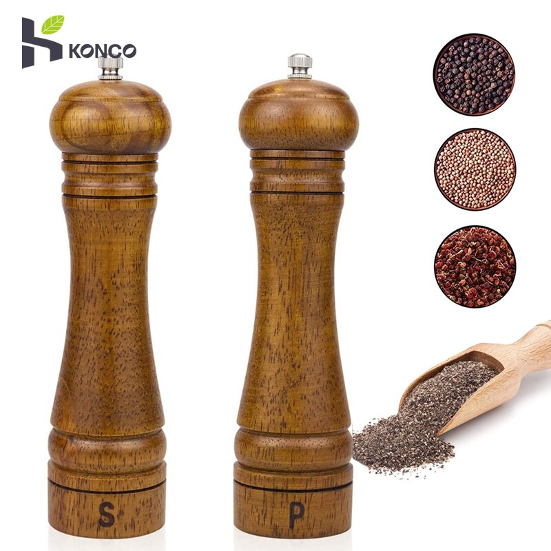 Molinillos de sal y pimienta de madera konco, molinillos manuales de sal marina, hierbas y pimienta con molienda de cerámica, utensilios de cocina para especias y hierbas.