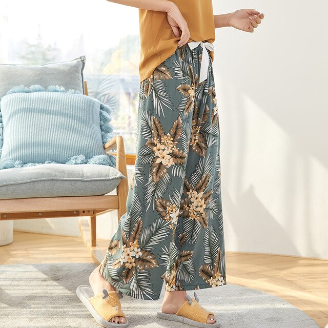 Summer Sleep Wear for Women Pajama Printing Loose Sleep Pants Calf-Length Pants Sleep Bottoms Home Wear: H8