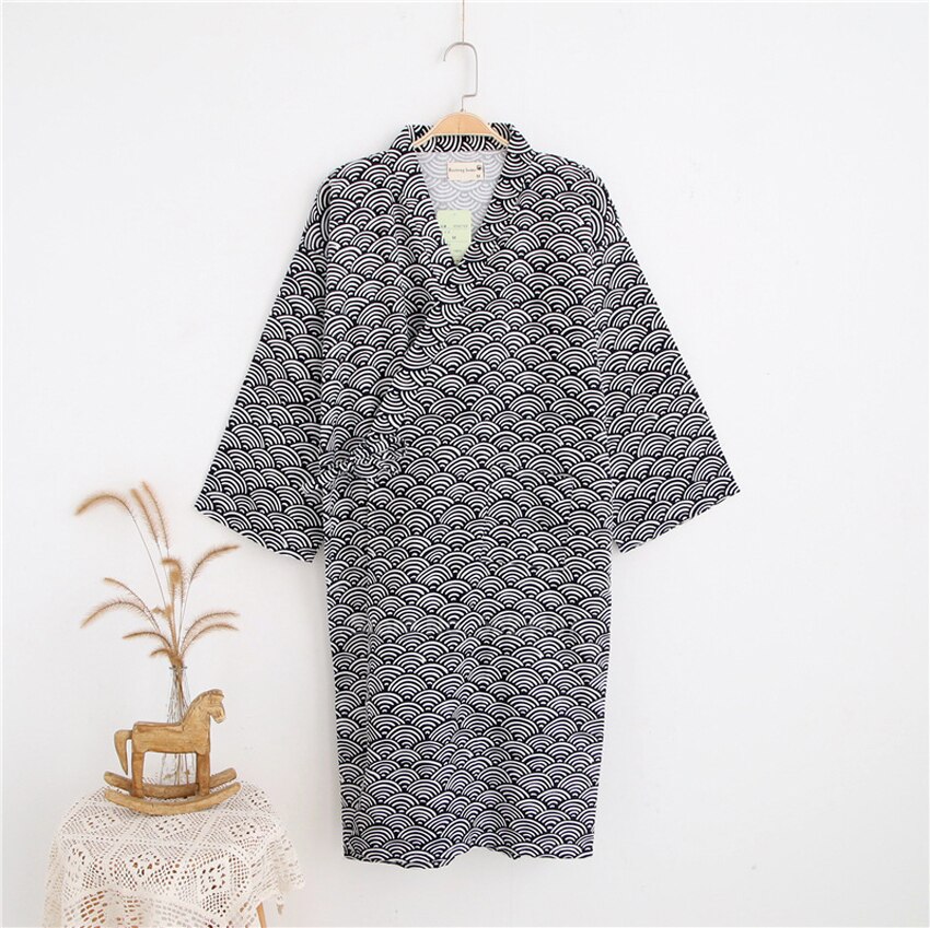 Men Kimono Bathing Robes Cotton Sauna Nightwear Pajamas Wave Print Vintage Japanese Style Yukata Sleepwear Breathable Clothing: Color2 / M