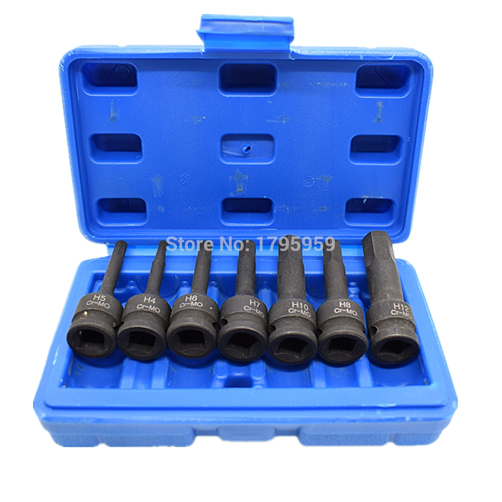 7 Piece Hex Key Socket Set 3/8" Square Drive Impact Socket H4 H5 H6 H7 H8 H10 H12 (4mm-12mm) Cr-Mo Metric Allen Bit 60mm Long
