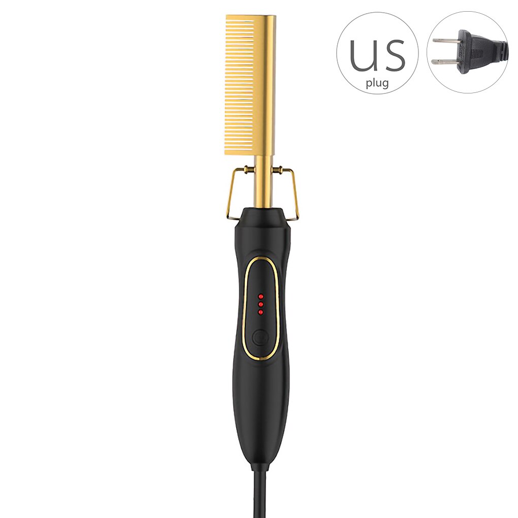 Multifunction Hair Straightener Flat Irons Wet Dry Use Brush Comb Heating Hair Straight Styler Curling Iron Hair Curler Comb: US Plug Gold