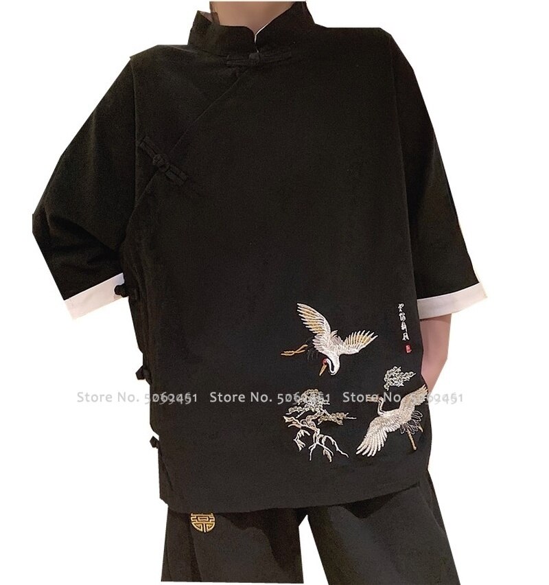 Traje Tang de estilo chino para hombre y mujer, ropa Oriental con bordado de grulla, Tops Cheongsam de Retro informal, conjunto de blusa y pantalones Kungfu