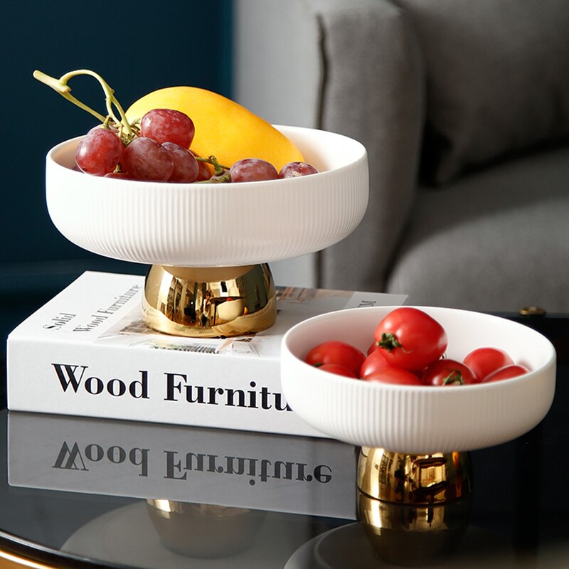 Luxury Ceramic Tall Fruit Snack Tray High-end White Vertical Pattern Candy Jewelry Cosmetics Storage Tray with Golden Base For
