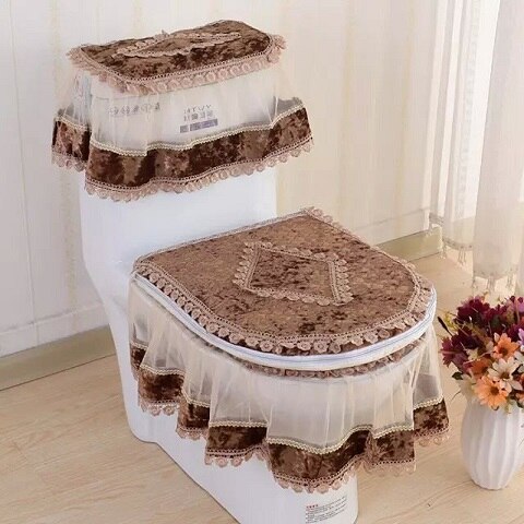 Asiento de inodoro de encaje para baño, cubierta de tanque de agua, Cubierta superior, juego de almohadillas de inodoro, cojín Protector de inodoro con estampado Floral de tres piezas: 1