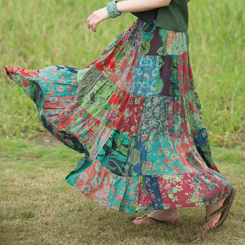 Vrouwen Losse Bohemian Stijl Rokken Dames Elastische Taille Patchwork Rok Vrouwelijke Katoen Rokken 2022 Zomer: green