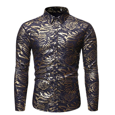 Luxe or tigre bronzant robe Chemise hommes à manches longues boîte de nuit parti brillant Chemise décontracté Chemise boutonnée: Navy / US Size XL
