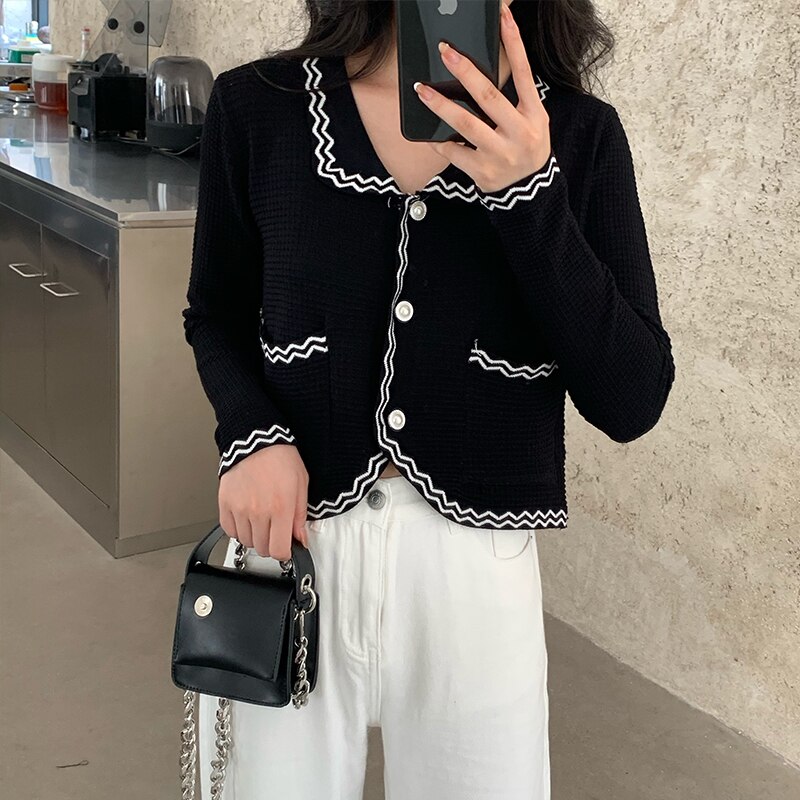 Dames gebreide truien met lange mouwen en omslagkraag, vesten, damesgebreide truien met zakken, chique crop tops voor dames: Zwart