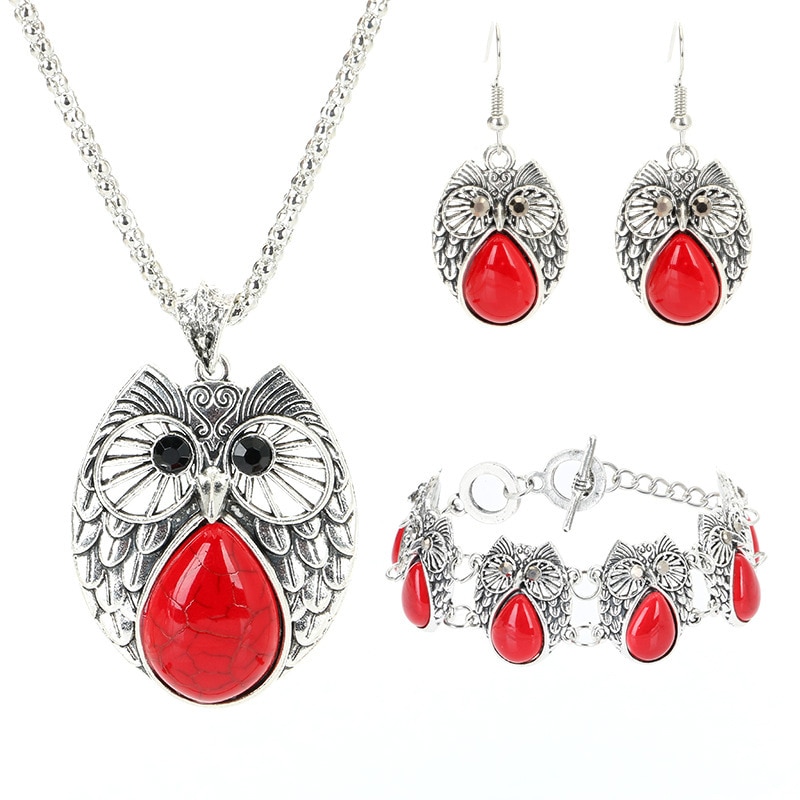 Retro turkis ugle smykker 925 sølv vedhæng øreringe armbånd halskæde håndlavet amulet hendes kvinde: Rød